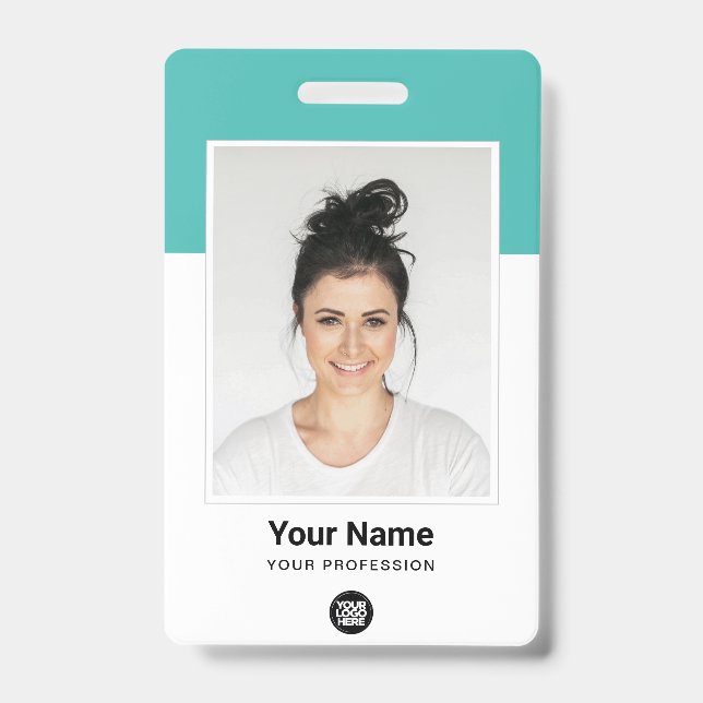 Custom Employee Large Photo Turquoise Logo Name Badge (Front)