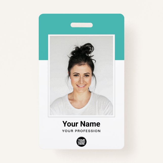 Custom Employee Large Photo Turquoise Logo Name Badge (Front)