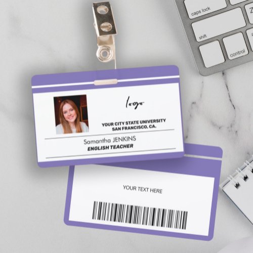 Custom employee name photo logo text bare code badge