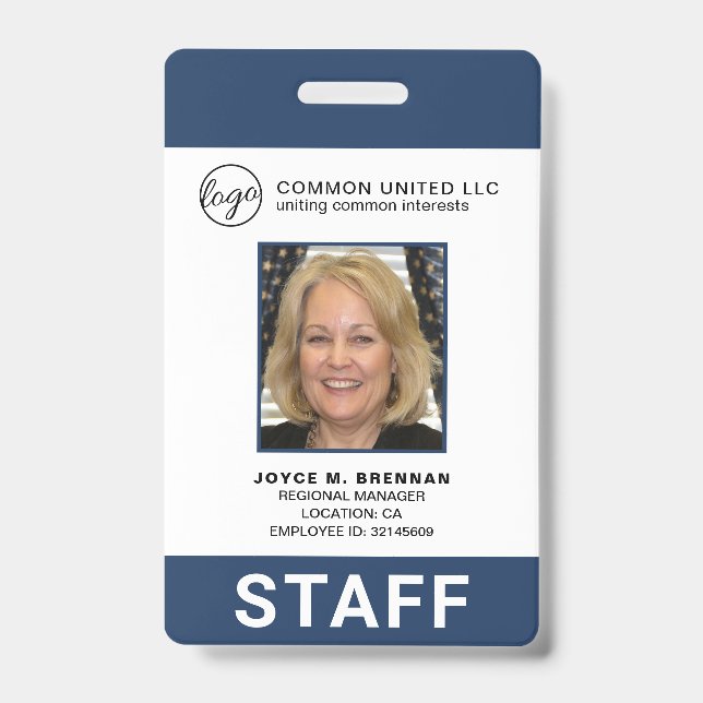 Custom Employee Navy Blue Logo Photo ID Badge (Front)