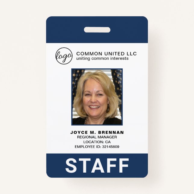 Custom Employee Navy Blue Logo Photo ID Badge (Front)