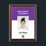Custom Employee of the Month Logo and Photo Award Plaque<br><div class="desc">Custom purple and white Employee of the month Appreciation award plaque featuring Photo, business company Logo, employee Name and title. Any color, any font, no minimum.
employee of the month template, custom employee of the month plaque</div>