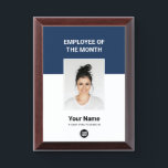Custom Employee of the Month Logo and Photo Award Plaque<br><div class="desc">Custom Employee of the month Appreciation award plaque featuring Photo,  business company Logo,  employee Name and title. Any color,  any font,  no minimum.

employee of the month template,  custom employee of the month plaque</div>