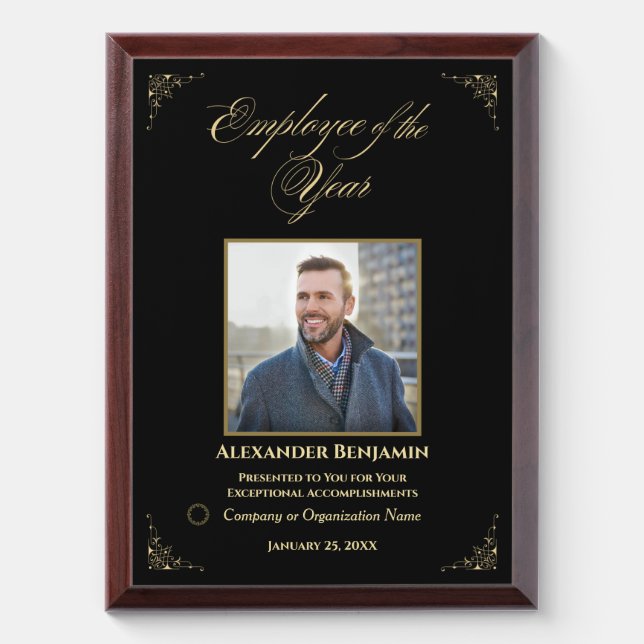Custom Employee Of The Year Photo Logo Gold  Award Plaque (Vertical)