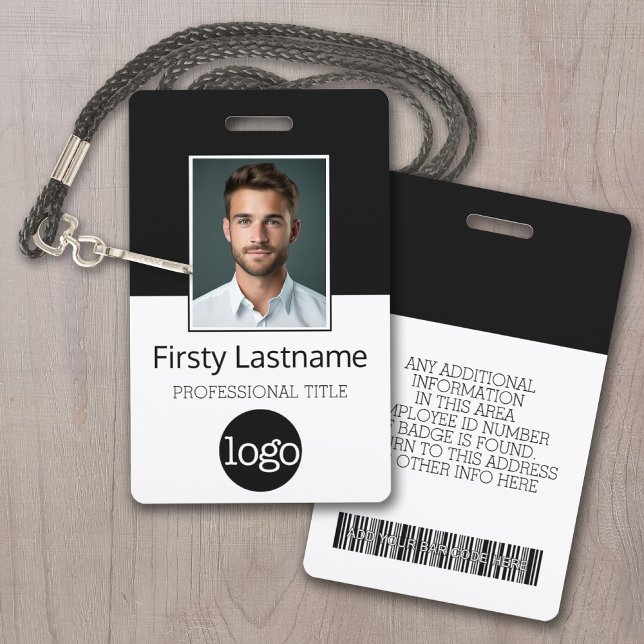 Custom Employee - Photo, Bar Code, Logo, Name Badge (Black and White Employee Badge - You can change the colors in the custom edit area)