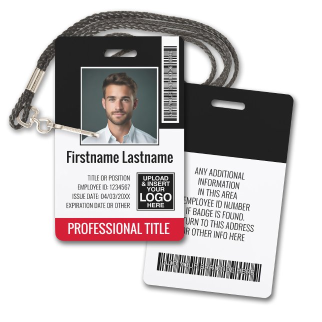 Custom Employee - Photo, Bar Code, Logo, Name Badge (Plastic ID Badge - Customize with Employee Photo and Credentials. Black and Red Accents)