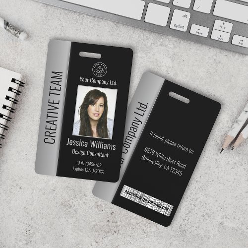 Custom Employee Photo Bar Code Logo Name Black Badge