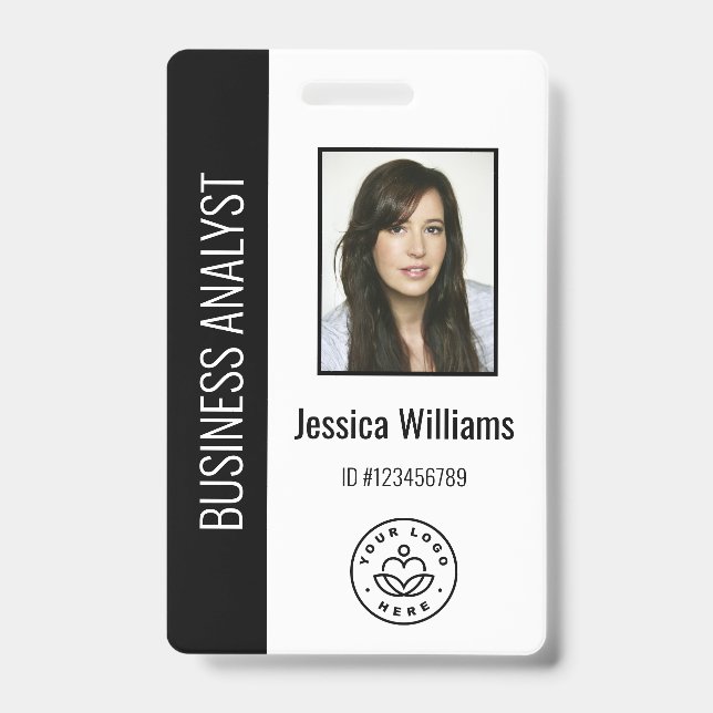 Custom Employee Photo, Bar Code, Logo, Name Black Badge (Front)