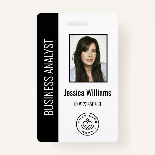Custom Employee Photo, Bar Code, Logo, Name Black Badge (Front)