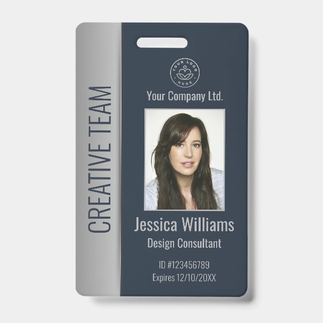 Custom Employee Photo Bar Code Logo Name Blue Badge (Front)