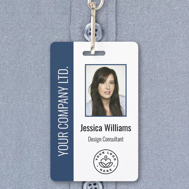 Custom Employee Photo, Bar Code, Logo, Name Blue Badge | Zazzle