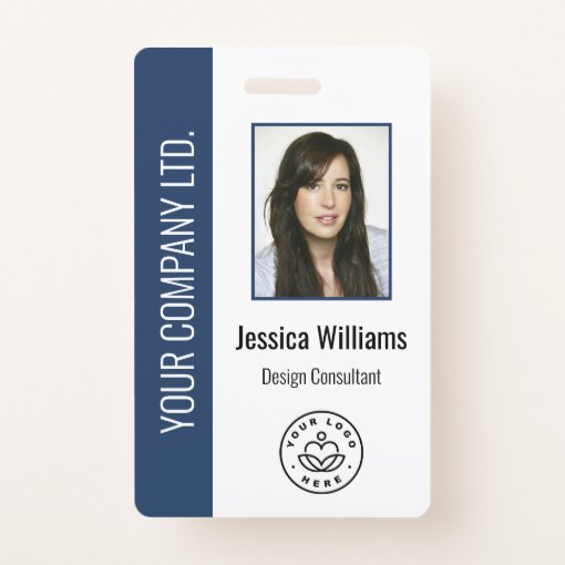 Custom Employee Photo, Bar Code, Logo, Name Blue Badge | Zazzle