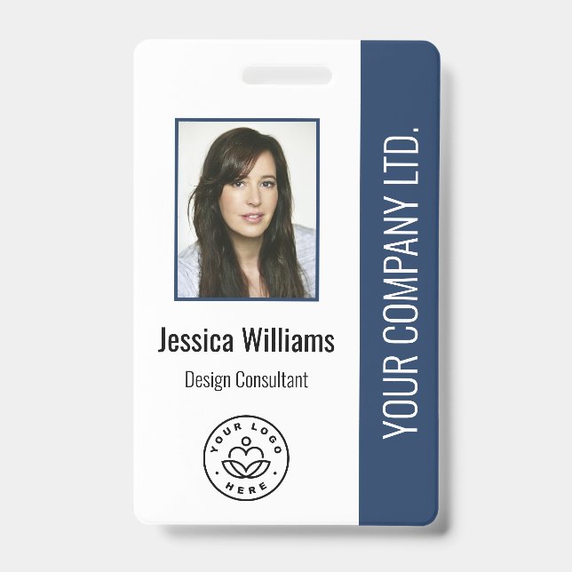 Custom Employee Photo, Bar Code, Logo, Name Blue Badge