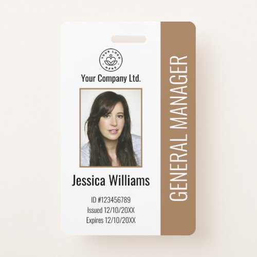 Custom Employee Photo Bar Code Logo Name Brown  Badge