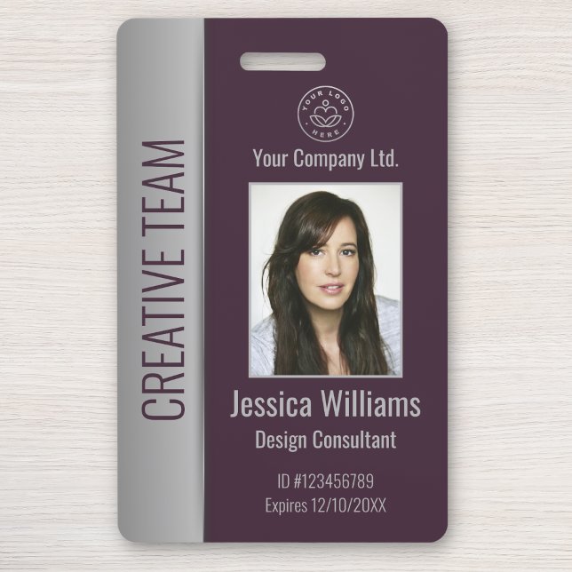 Custom Employee Photo Bar Code Logo Name Burgundy Badge (Creator Uploaded)