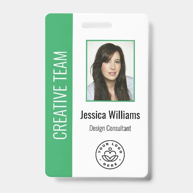 Custom Employee Photo, Bar Code, Logo, Name Green Badge (Front)
