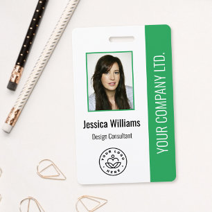 Custom Employee Photo, Bar Code, Logo, Name Green Badge