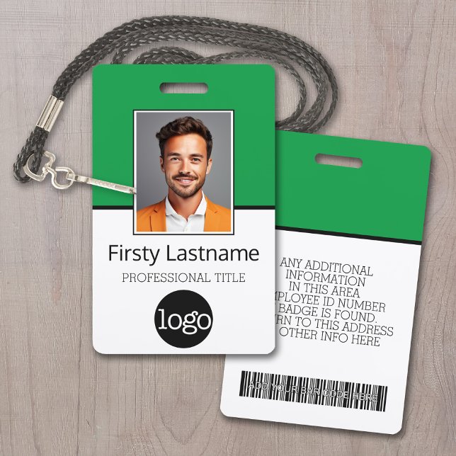 Custom Employee - Photo, Bar Code, Logo Name green Badge (Employee ID Badge with Custom Logo, Photo and Scan Bar Code - Green Accents)