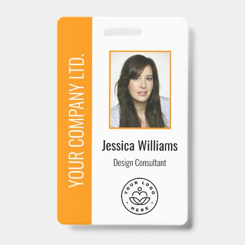 Custom Employee Photo, Bar Code, Logo, Name Orange Badge