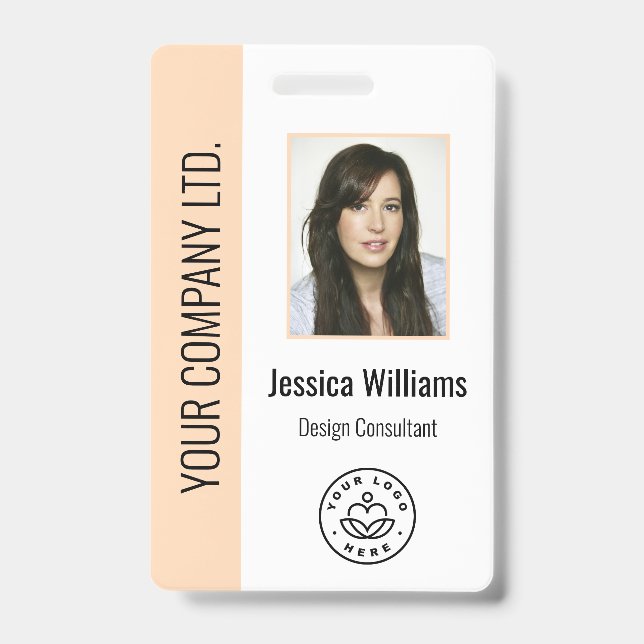 Custom Employee Photo, Bar Code, Logo, Name Peach Badge (Front)