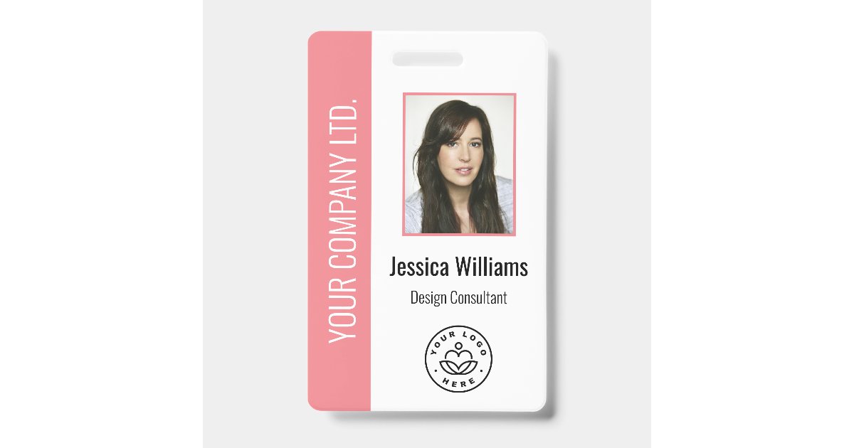 Custom Employee Photo, Bar Code, Logo, Name Pink Badge | Zazzle