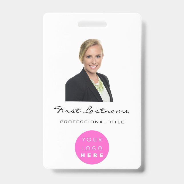 Custom Employee  Photo Bar Code Logo Name Pink Badge (Front)