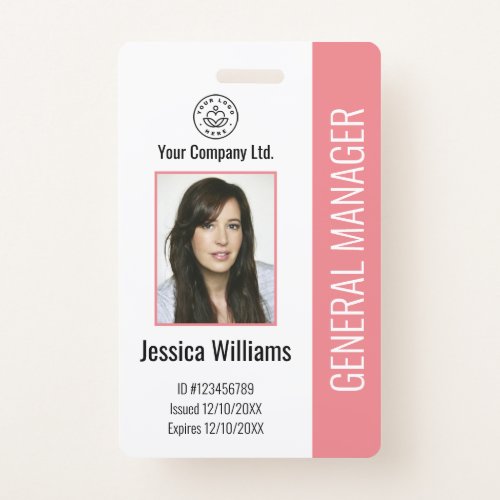 Custom Employee Photo Bar Code Logo Name Pink Badge