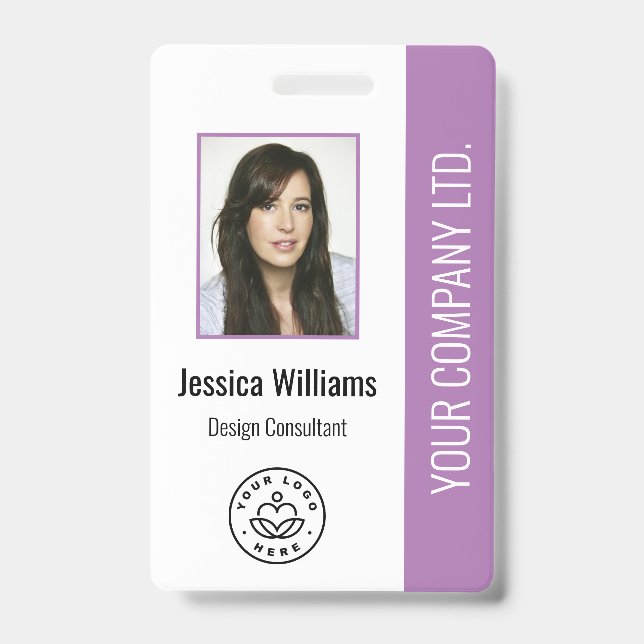 Custom Employee Photo, Bar Code, Logo, Name Purple Badge (Front)