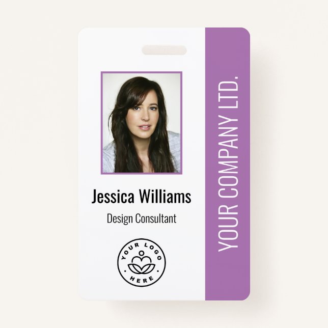 Custom Employee Photo, Bar Code, Logo, Name Purple Badge (Front)