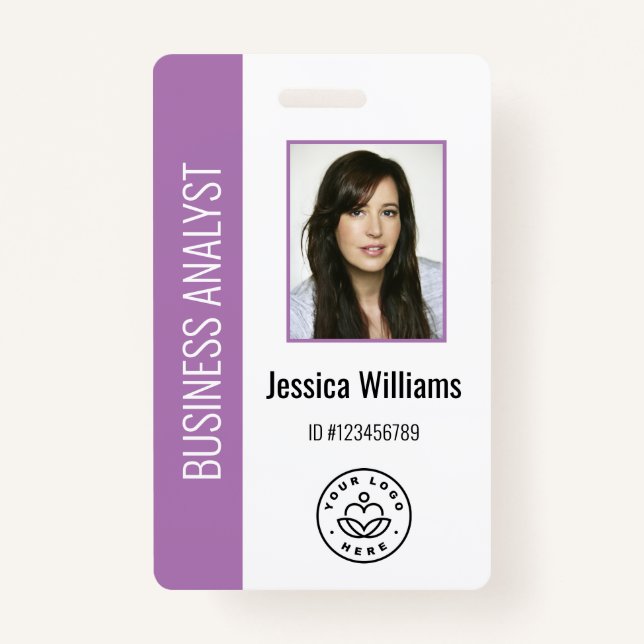 Custom Employee Photo, Bar Code, Logo, Name Purple Badge (Front)
