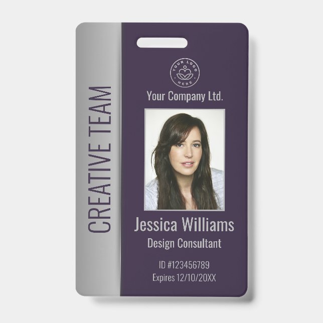 Custom Employee Photo Bar Code Logo Name Purple Badge (Front)