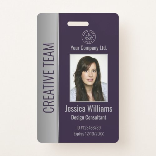 Custom Employee Photo Bar Code Logo Name Purple Badge