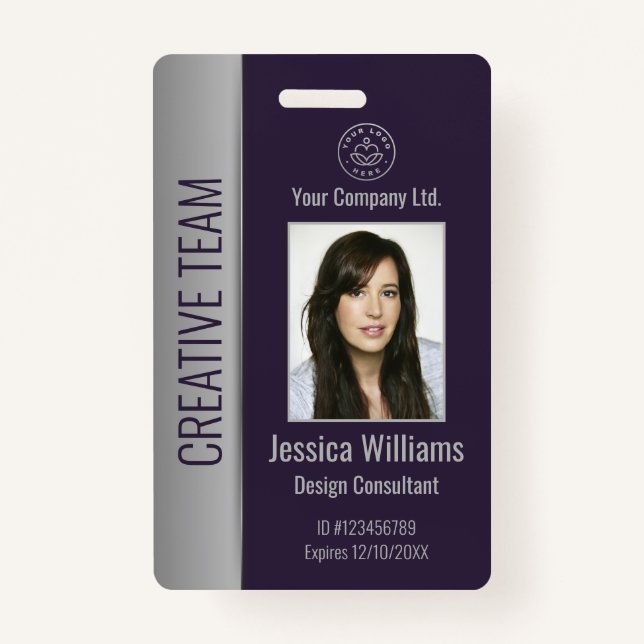 Custom Employee Photo Bar Code Logo Name Purple Badge (Front)