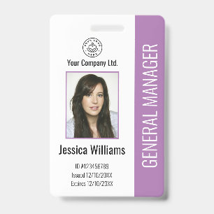 Custom Employee Photo, Bar Code, Logo, Name Purple Badge