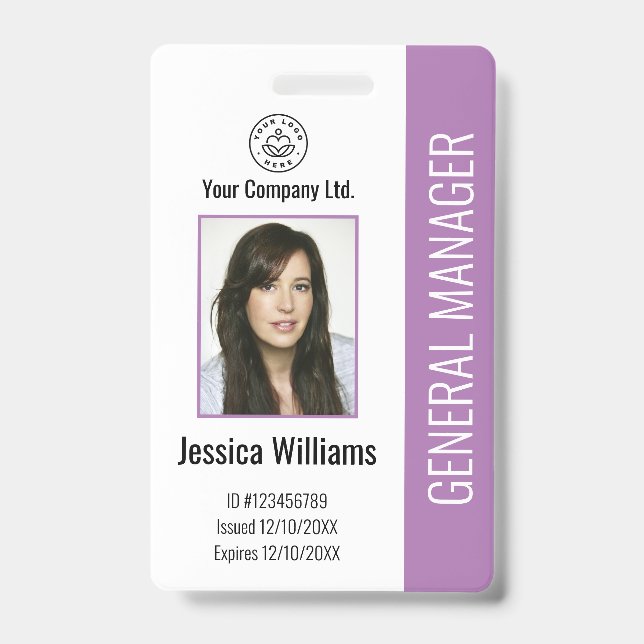Custom Employee Photo, Bar Code, Logo, Name Purple Badge (Front)