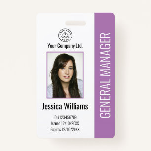 Custom Employee Photo, Bar Code, Logo, Name Purple Badge