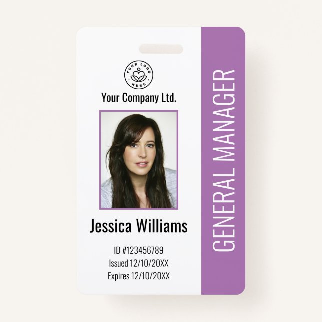 Custom Employee Photo, Bar Code, Logo, Name Purple Badge (Front)