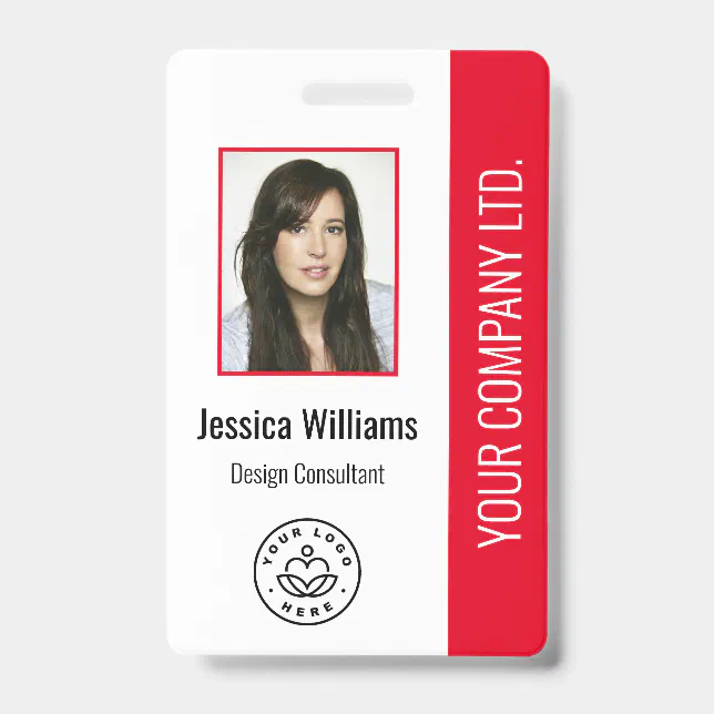 Custom Employee Photo, Bar Code, Logo, Name Red Badge | Zazzle