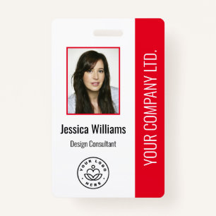 Custom Employee Photo, Bar Code, Logo, Name Red Badge