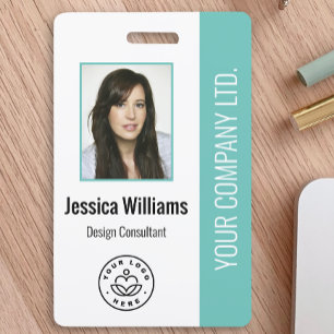 Custom Employee Photo, Bar Code, Logo, Name Teal Badge