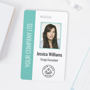 Custom Employee Photo, Bar Code, Logo, Name Teal Badge