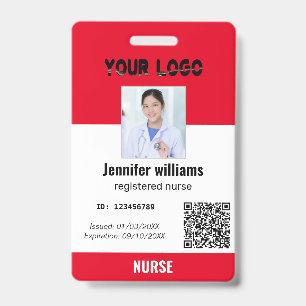 Custom Employee Photo, Bar Code, Logo, red name Badge