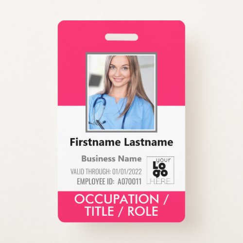 Custom Employee Photo Barcode Logo Hot Pink Name Badge
