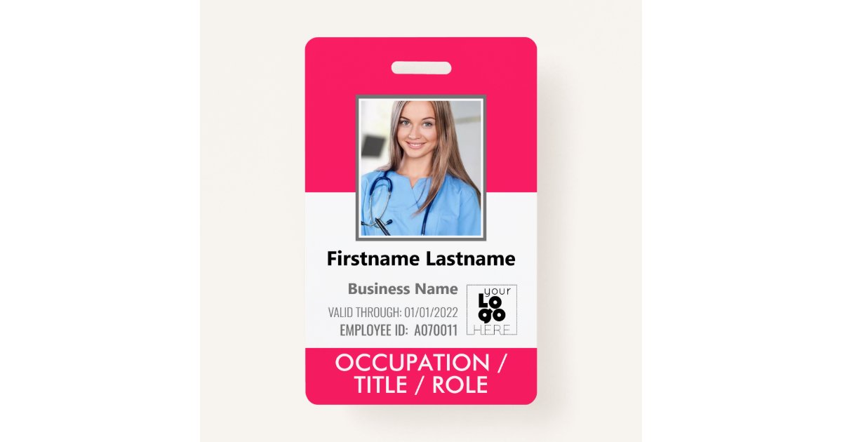 Custom Employee Photo, Barcode, Logo Hot Pink Name Badge | Zazzle