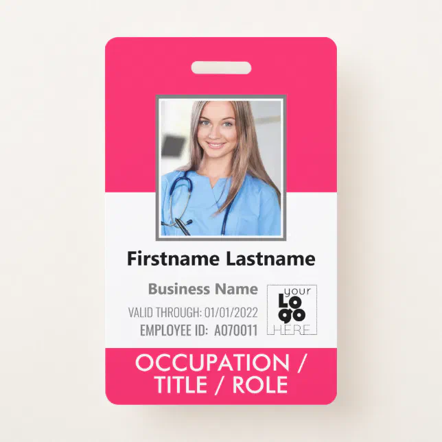 Custom Employee Photo, Barcode, Logo Hot Pink Name Badge | Zazzle