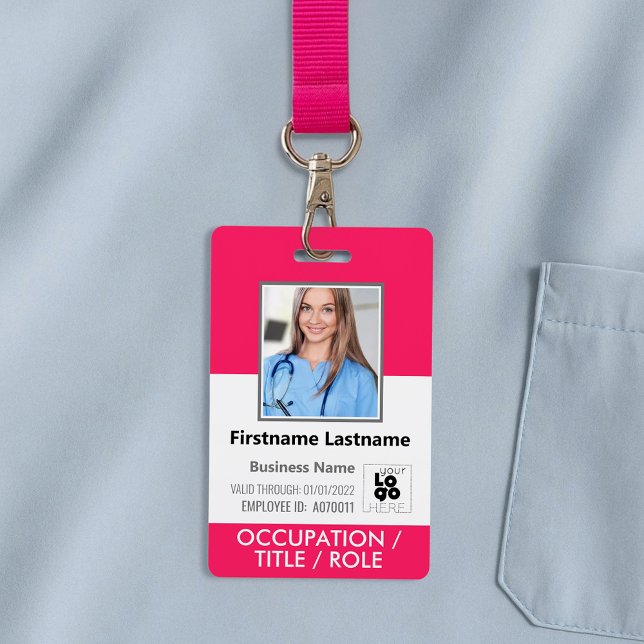 Custom Employee Photo, Barcode, Logo Hot Pink Name Badge (Creator Uploaded)