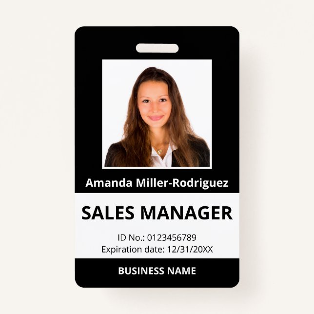 Custom Employee Photo Black White ID Badge (Front)