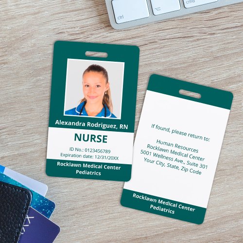 Custom Employee Photo Blue_Green White Medical ID Badge