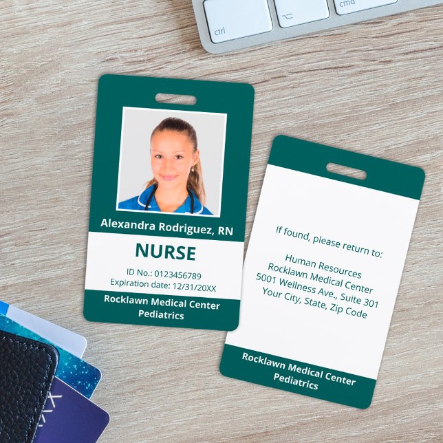 Custom Employee Photo Blue-Green White Medical ID Badge (Custom Employee Photo Blue-Green White Medical ID Badge, in situ)