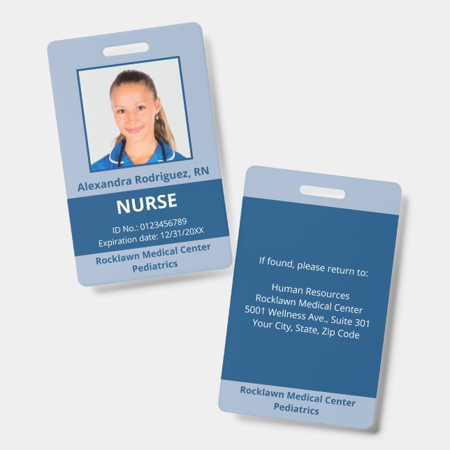 Custom Employee Photo Blue Medical ID Badge (Front & Back)